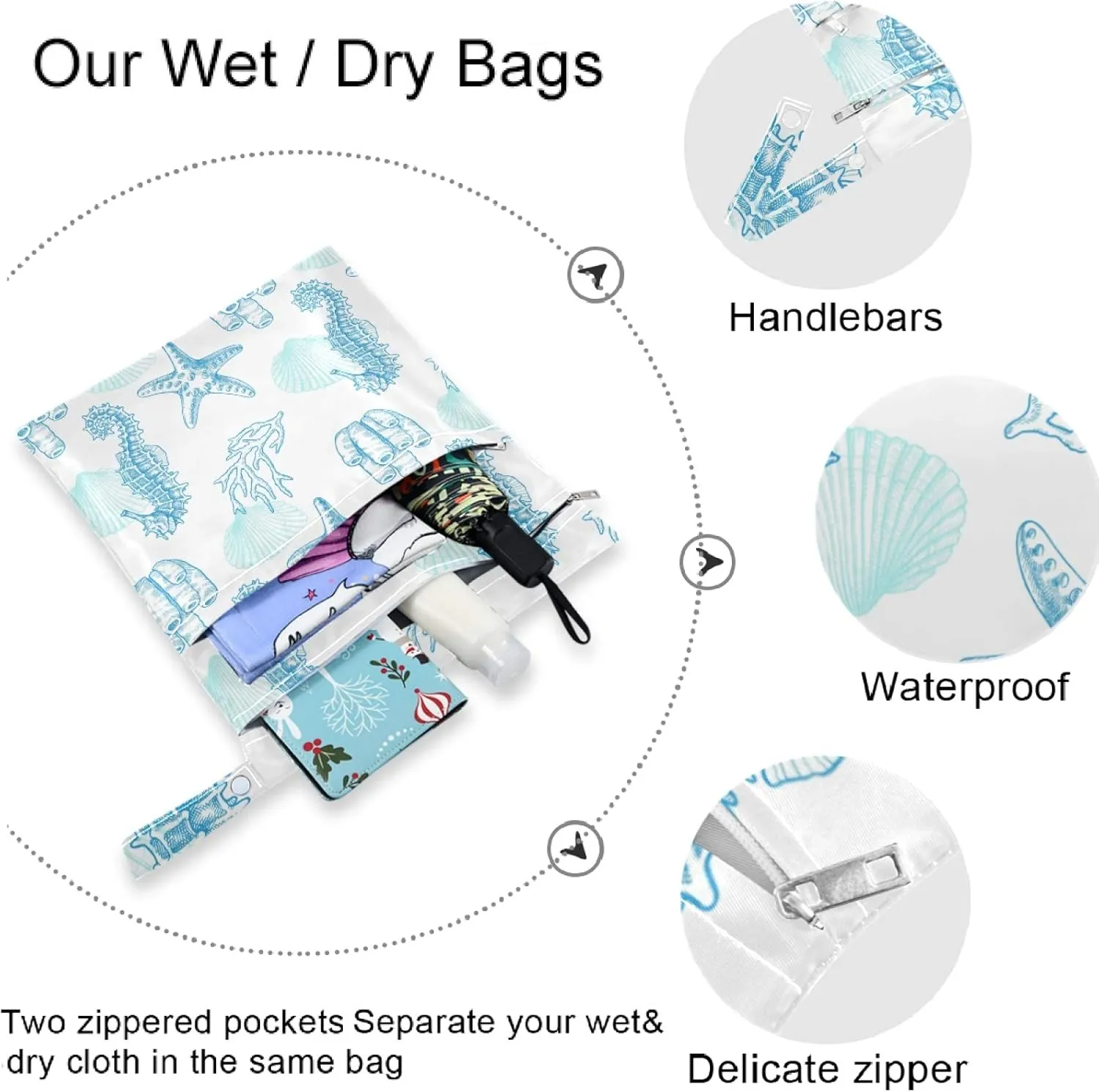 visesunny Blue Starfish Seahorse Seahouse 2Pcs Wet Bag with Zippered Pockets Washable Reusable Roomy for Travel,Beach,Pool,Daycare,Stroller,Diapers,Dirty Gym Clothes, Wet Swimsuits, Toiletries