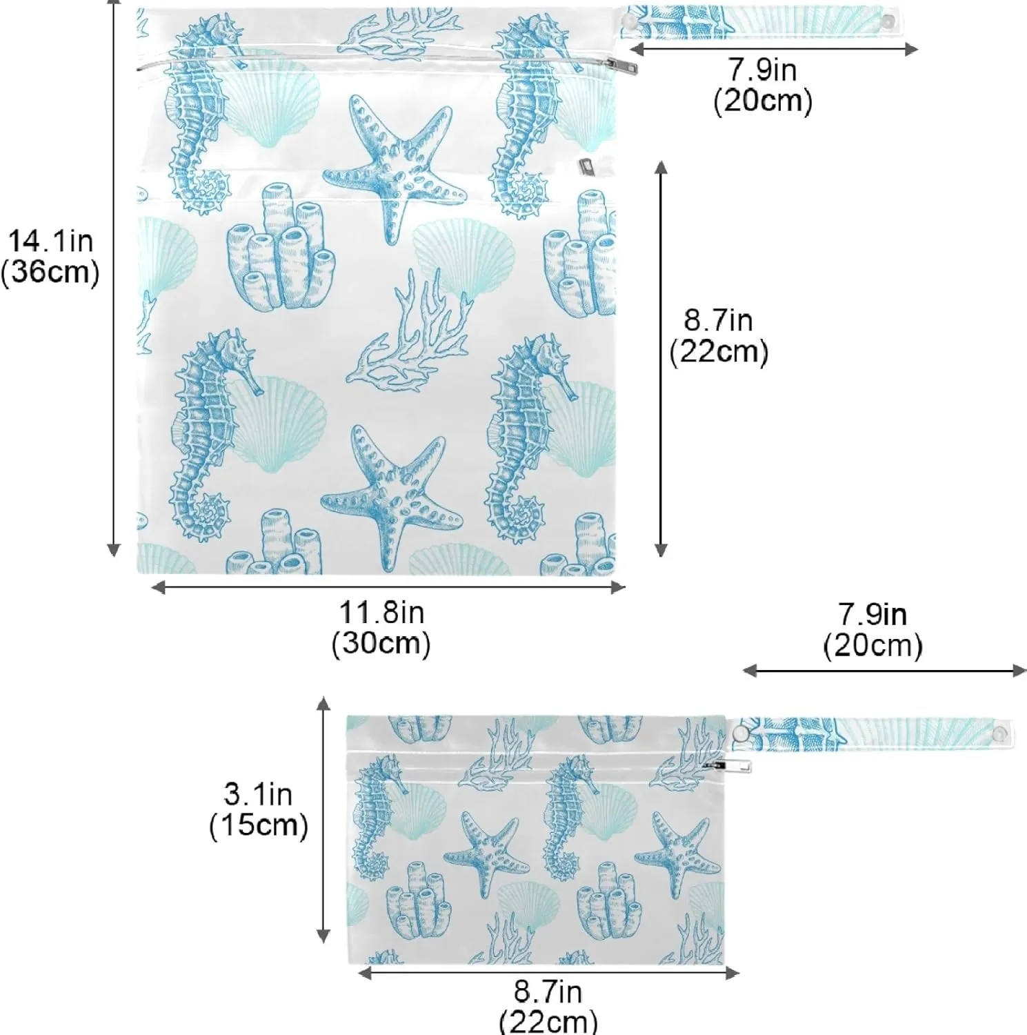 visesunny Blue Starfish Seahorse Seahouse 2Pcs Wet Bag with Zippered Pockets Washable Reusable Roomy for Travel,Beach,Pool,Daycare,Stroller,Diapers,Dirty Gym Clothes, Wet Swimsuits, Toiletries