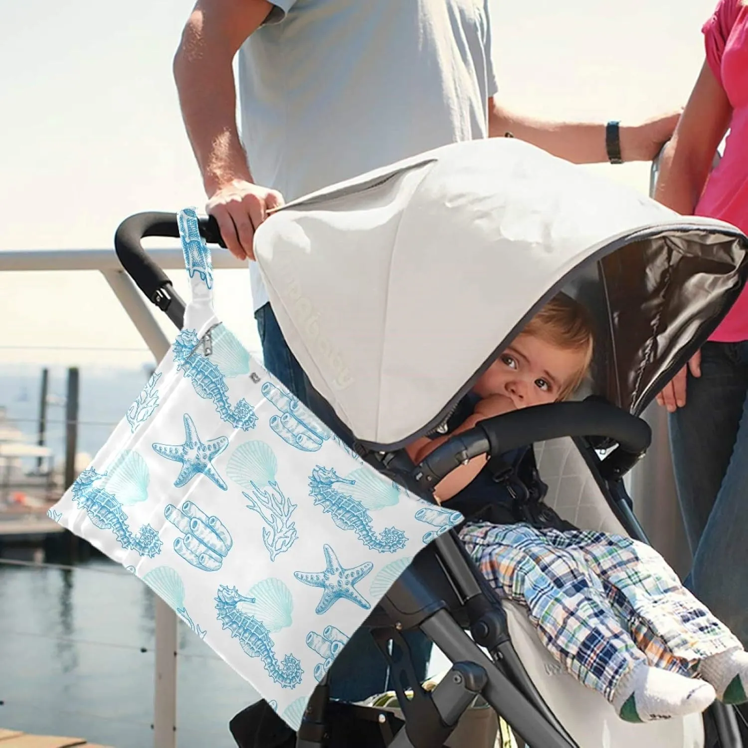 visesunny Blue Starfish Seahorse Seahouse 2Pcs Wet Bag with Zippered Pockets Washable Reusable Roomy for Travel,Beach,Pool,Daycare,Stroller,Diapers,Dirty Gym Clothes, Wet Swimsuits, Toiletries