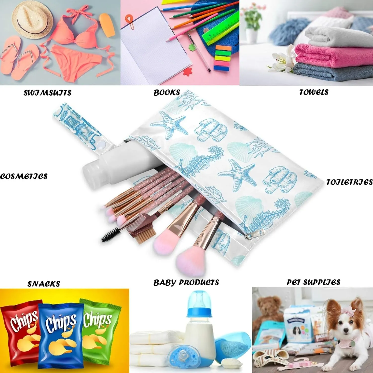 visesunny Blue Starfish Seahorse Seahouse 2Pcs Wet Bag with Zippered Pockets Washable Reusable Roomy for Travel,Beach,Pool,Daycare,Stroller,Diapers,Dirty Gym Clothes, Wet Swimsuits, Toiletries