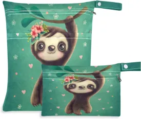 visesunny Classic Sloth with Floral Animal 2Pcs Wet Bag with Zippered Pockets Washable Reusable Roomy for Travel,Beach,Pool,Daycare,Stroller,Diapers,Dirty Gym Clothes, Wet Swimsuits, Toiletries
