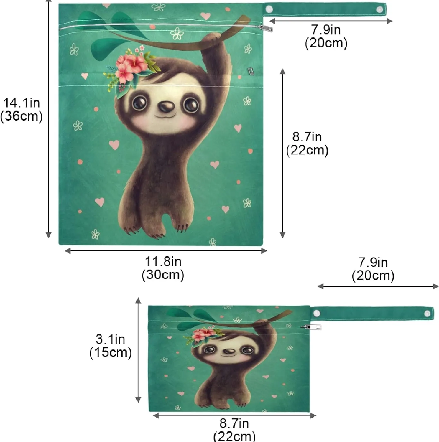visesunny Classic Sloth with Floral Animal 2Pcs Wet Bag with Zippered Pockets Washable Reusable Roomy for Travel,Beach,Pool,Daycare,Stroller,Diapers,Dirty Gym Clothes, Wet Swimsuits, Toiletries