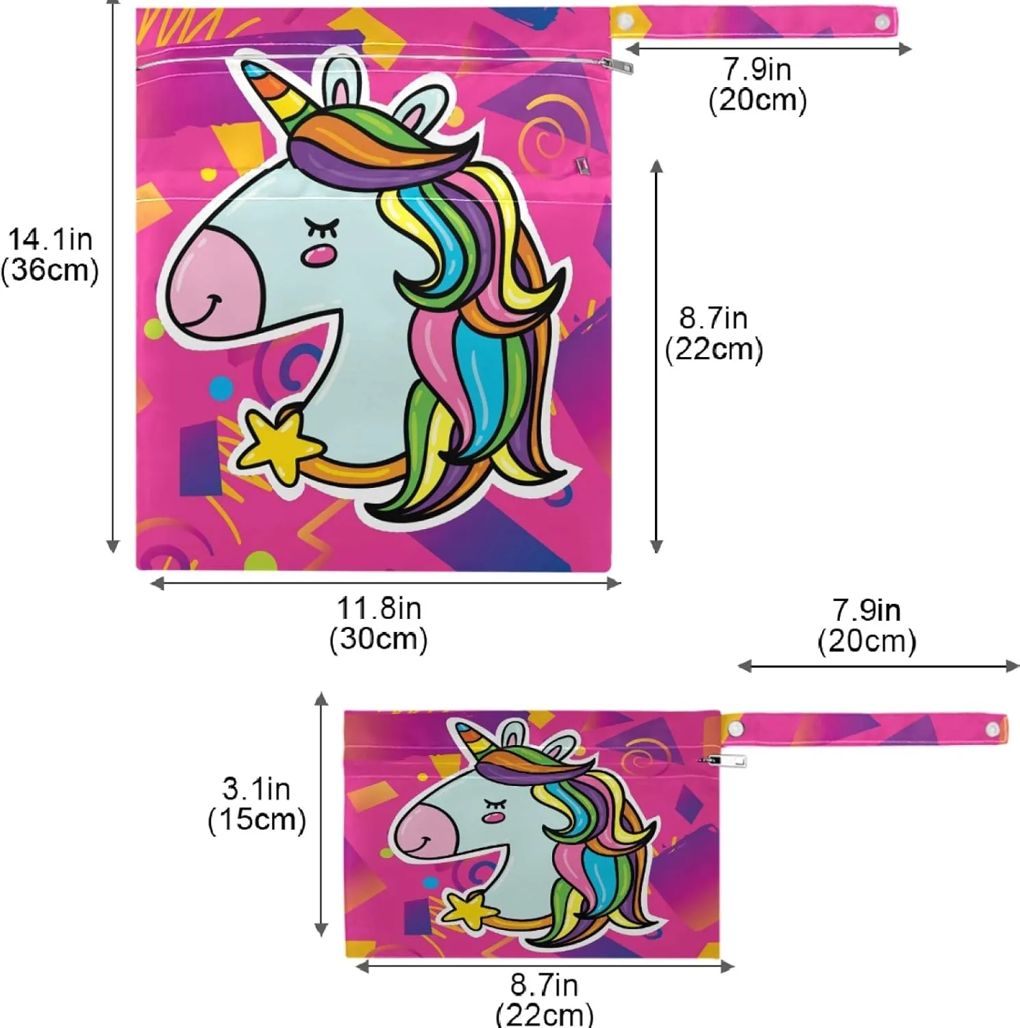 visesunny Magic Unicorn Head Bright Pink Hipster Trendy 2Pcs Wet Bag with Zippered Pockets Washable Reusable Roomy for Travel,Beach,Pool,Daycare,Stroller,Diapers,Dirty Gym Clothes, Wet Swimsuits, Toil