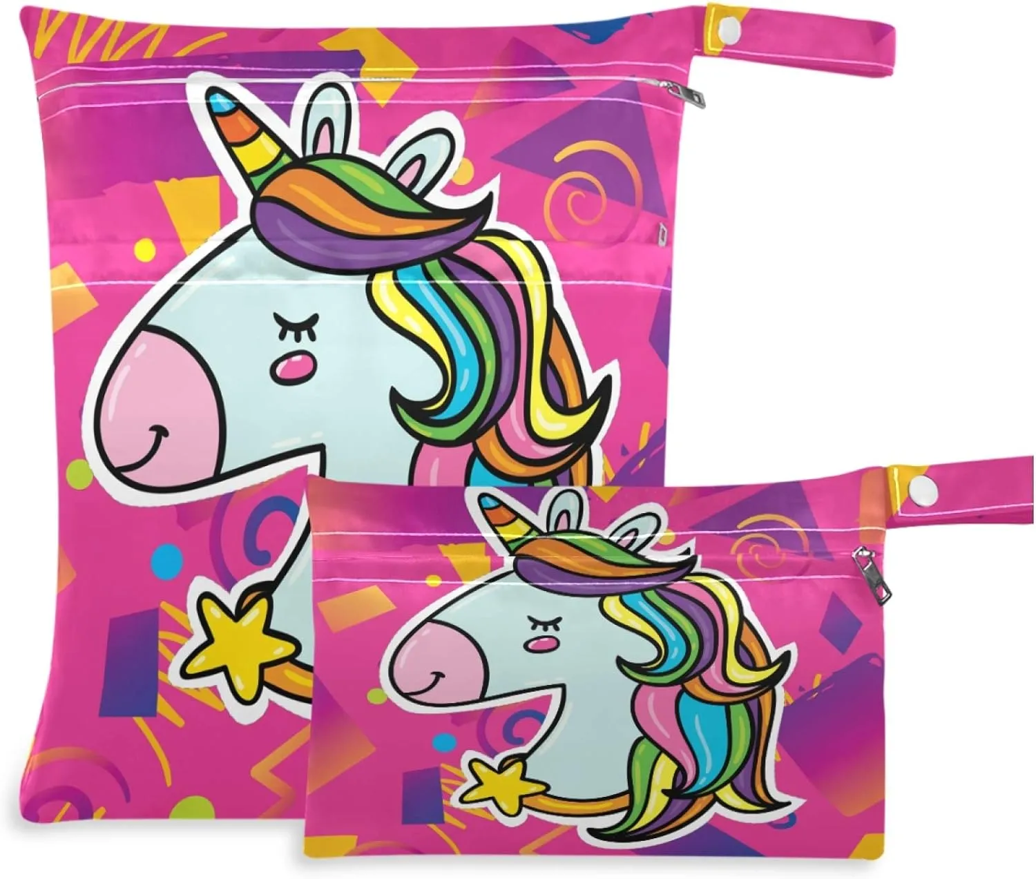 visesunny Magic Unicorn Head Bright Pink Hipster Trendy 2Pcs Wet Bag with Zippered Pockets Washable Reusable Roomy for Travel,Beach,Pool,Daycare,Stroller,Diapers,Dirty Gym Clothes, Wet Swimsuits, Toil