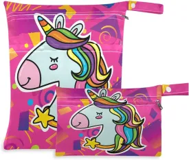 visesunny Magic Unicorn Head Bright Pink Hipster Trendy 2Pcs Wet Bag with Zippered Pockets Washable Reusable Roomy for Travel,Beach,Pool,Daycare,Stroller,Diapers,Dirty Gym Clothes, Wet Swimsuits, Toil