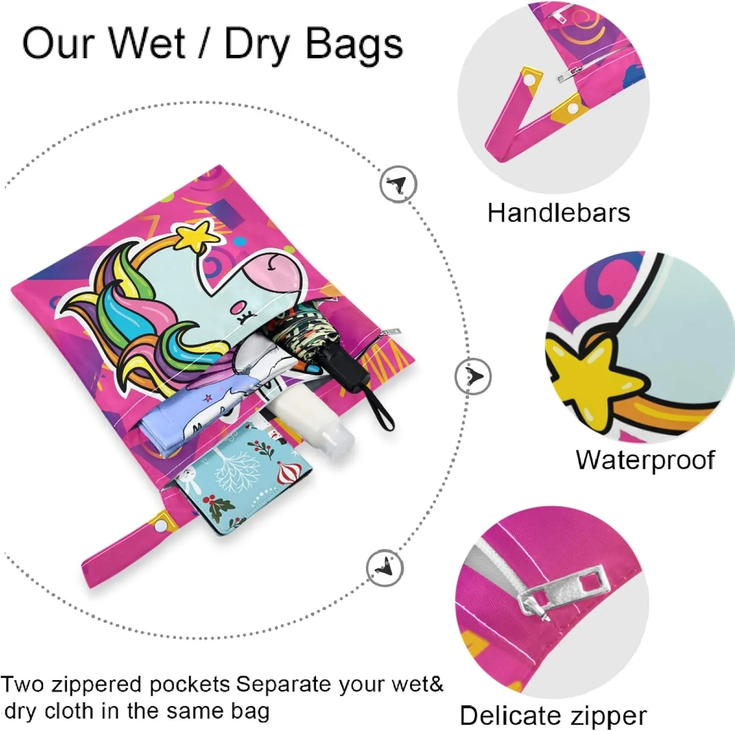 visesunny Magic Unicorn Head Bright Pink Hipster Trendy 2Pcs Wet Bag with Zippered Pockets Washable Reusable Roomy for Travel,Beach,Pool,Daycare,Stroller,Diapers,Dirty Gym Clothes, Wet Swimsuits, Toil