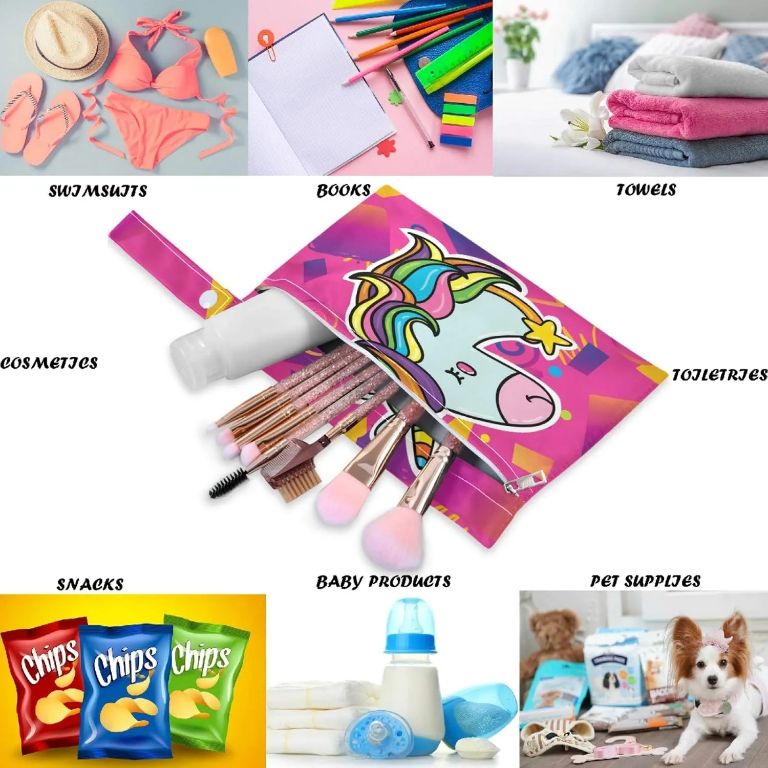 visesunny Magic Unicorn Head Bright Pink Hipster Trendy 2Pcs Wet Bag with Zippered Pockets Washable Reusable Roomy for Travel,Beach,Pool,Daycare,Stroller,Diapers,Dirty Gym Clothes, Wet Swimsuits, Toil