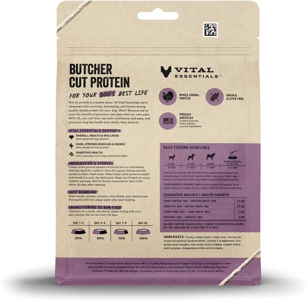 Vital Essentials Freeze Dried Raw Protein Mix-in Dog Food Topper, Turkey Ground Topper for Dogs, 6 oz
