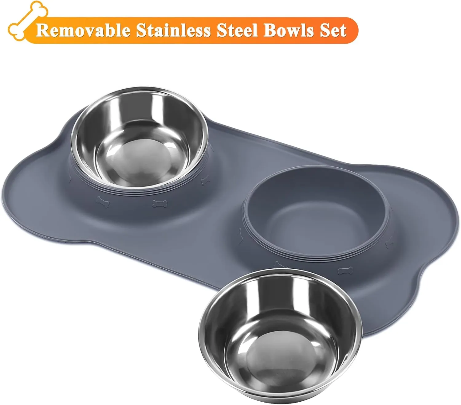 VIVAGLORY Dog Bowls, Dog Food Bowls, Stainless Steel Cat Puppy Water Bowls with Non Spill Skid Resistant Silicone Mat, Small, Gray