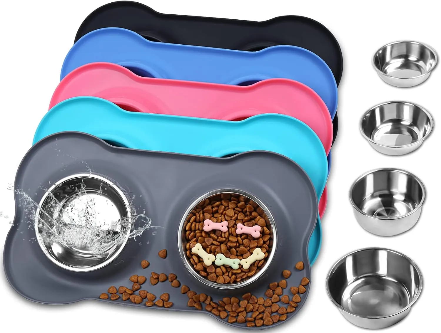 VIVAGLORY Dog Bowls, Dog Food Bowls, Stainless Steel Cat Puppy Water Bowls with Non Spill Skid Resistant Silicone Mat, Small, Gray