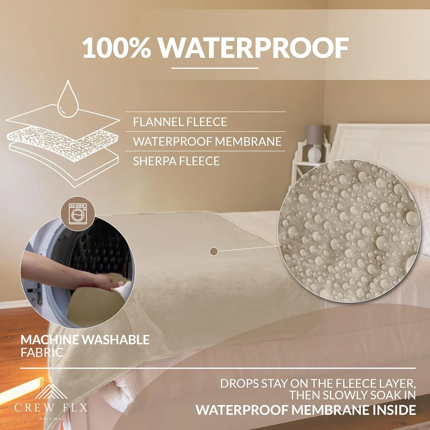 Waterproof Blanket for Bed Intimacy, King (90"x80"), 3 Layer Lightweight and Stain Proof Love Blanket for Adults, Couples, & Dogs, Pee Proof Couch Cover with Waterproof Bag, Machine Washable (Beige)