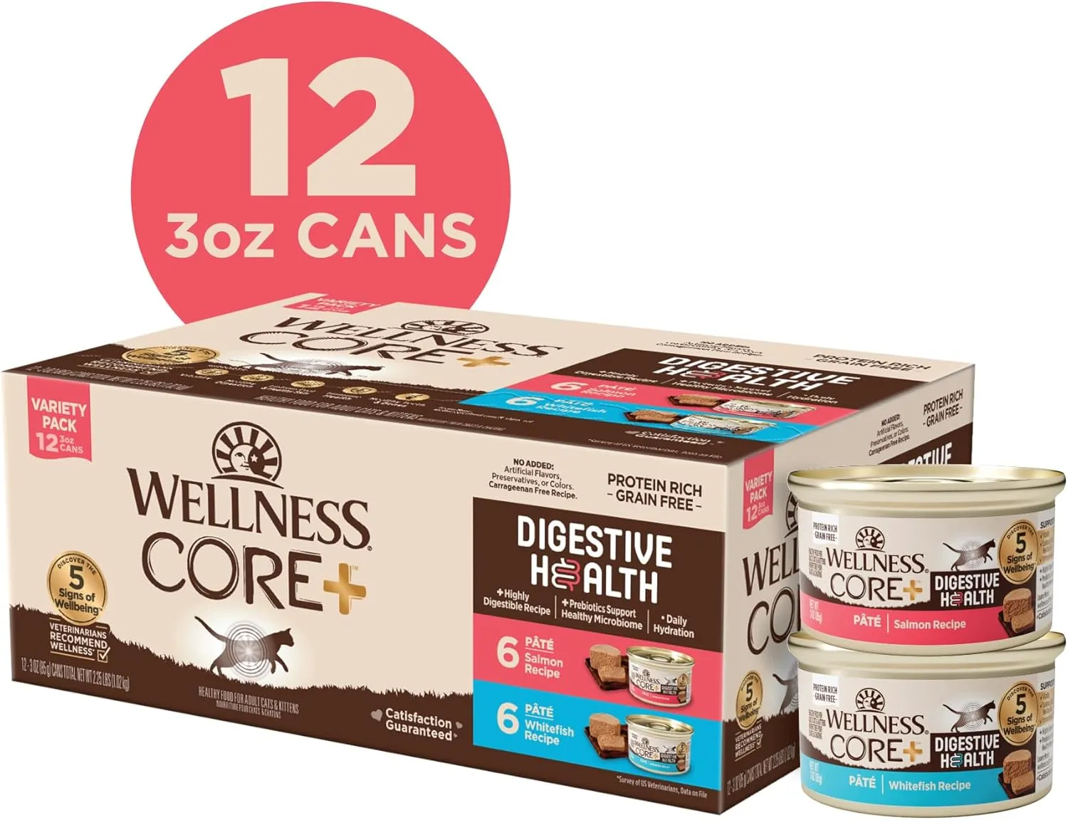 Wellness CORE  Digestive Health Pate Adult Wet Cat Food, Natural, Protein-Rich, Grain Free, 3 Ounce, 12 Pack (Salmon & Whitefish Variety Pack)