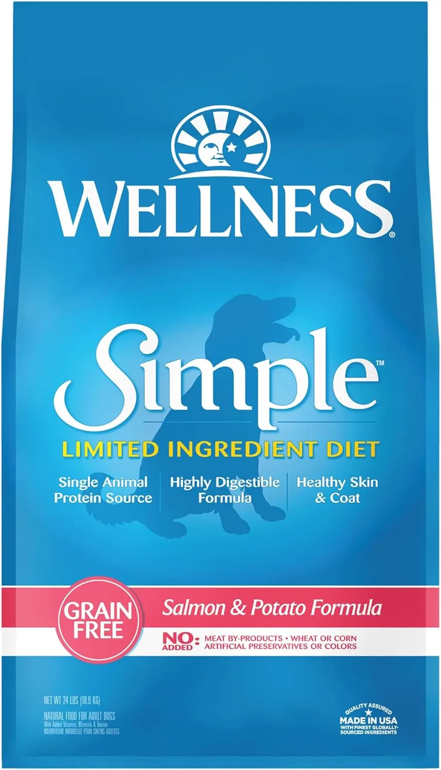 Wellness Simple Limited Ingredient Dry Dog Food for Sensitive Stomachs, Supports Skin & Coat, Grain-Free, Natural, Salmon & Potato Recipe, (24-Pound Bag)