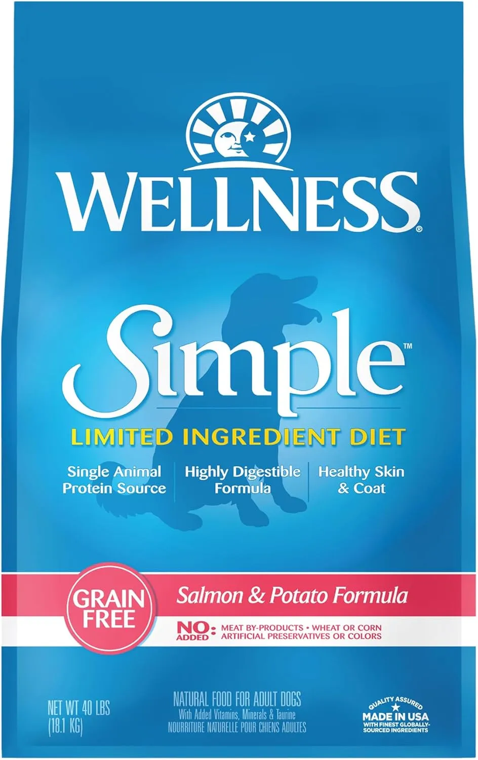 Wellness Simple Limited Ingredient Dry Dog Food for Sensitive Stomachs, Supports Skin & Coat, Grain Free, Natural, Salmon & Potato Recipe, (40-Pound Bag)
