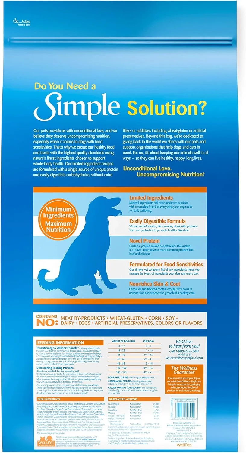Wellness Simple Limited Ingredient Dry Dog Food for Sensitive Stomachs, Supports Skin & Coat, Wholesome Grains, Natural, Duck &Oatmeal Recipe, (26-Pound Bag)