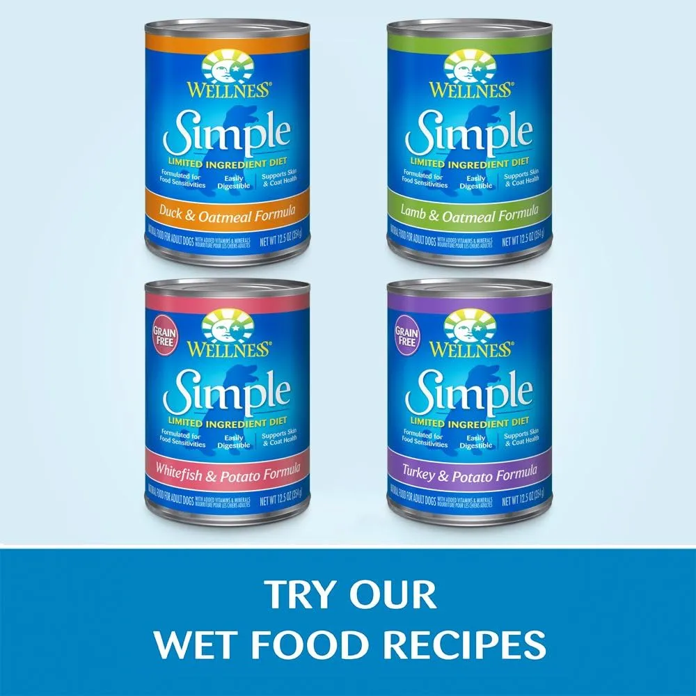 Wellness Simple Limited Ingredient Dry Dog Food for Sensitive Stomachs, Supports Skin & Coat, Wholesome Grains, Natural, Duck &Oatmeal Recipe, (26-Pound Bag)