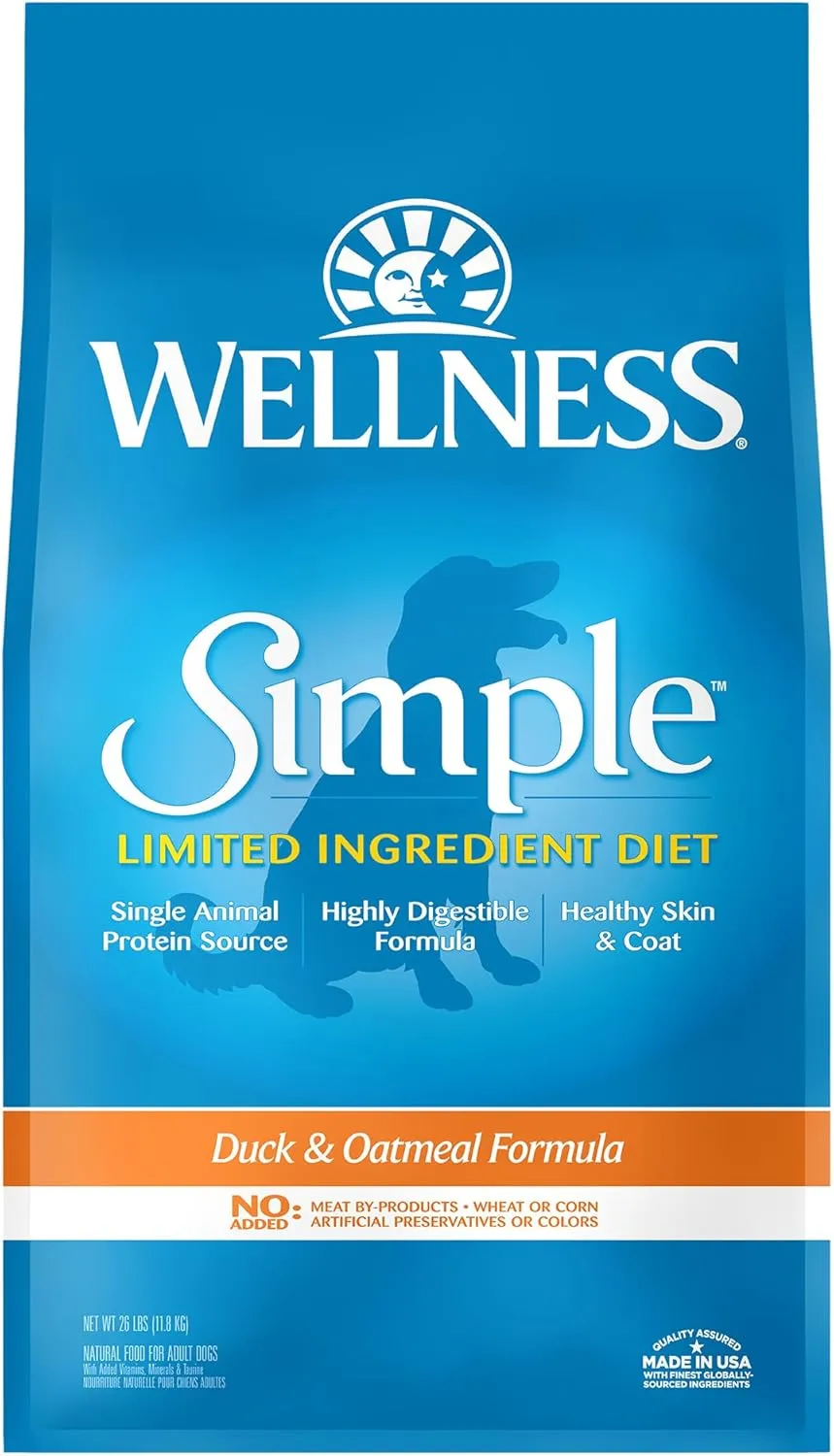 Wellness Simple Limited Ingredient Dry Dog Food for Sensitive Stomachs, Supports Skin & Coat, Wholesome Grains, Natural, Duck &Oatmeal Recipe, (26-Pound Bag)
