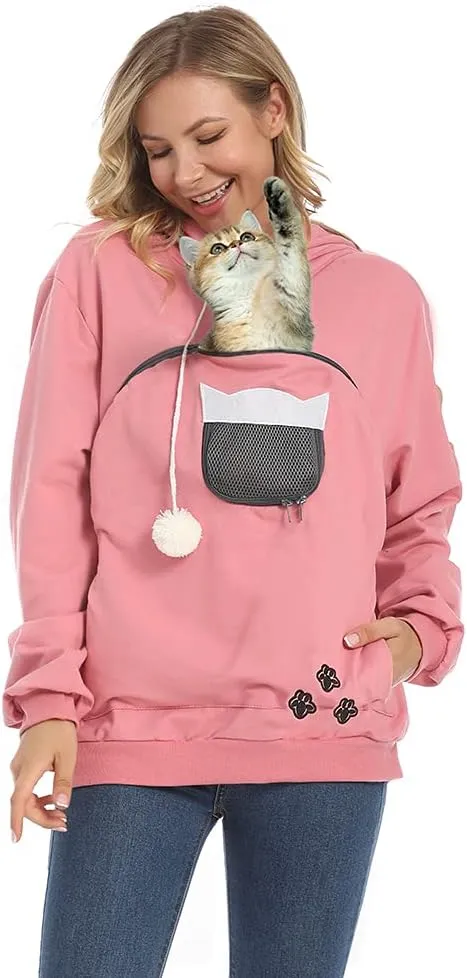 Women Pet Carrier Sweatshirt Puppy Kitten Holding Hoodies Long Sleeve Pouch Tops