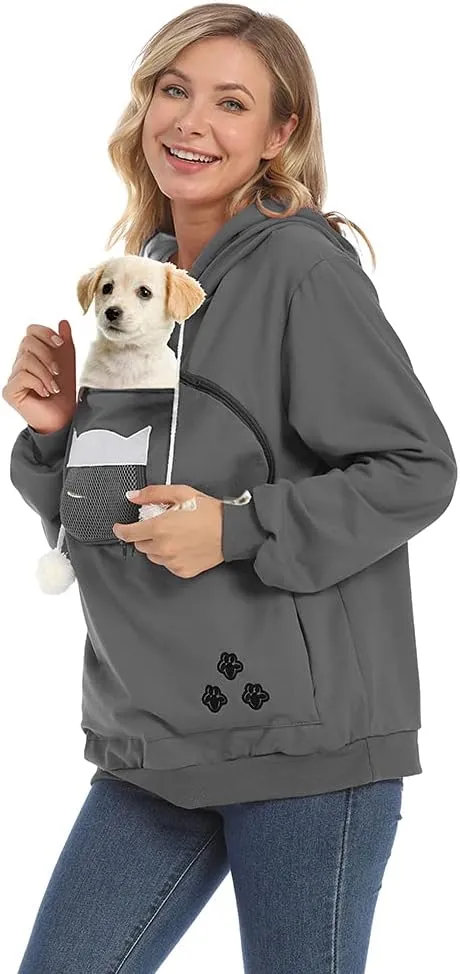 Women Pet Carrier Sweatshirt Puppy Kitten Holding Hoodies Long Sleeve Pouch Tops