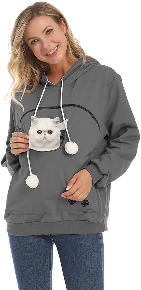 Women Pet Carrier Sweatshirt Puppy Kitten Holding Hoodies Long Sleeve Pouch Tops