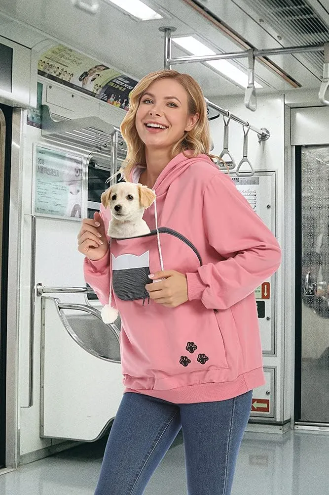Women Pet Carrier Sweatshirt Puppy Kitten Holding Hoodies Long Sleeve Pouch Tops