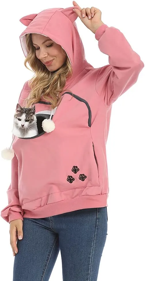 Women Pet Carrier Sweatshirt Puppy Kitten Holding Hoodies Long Sleeve Pouch Tops