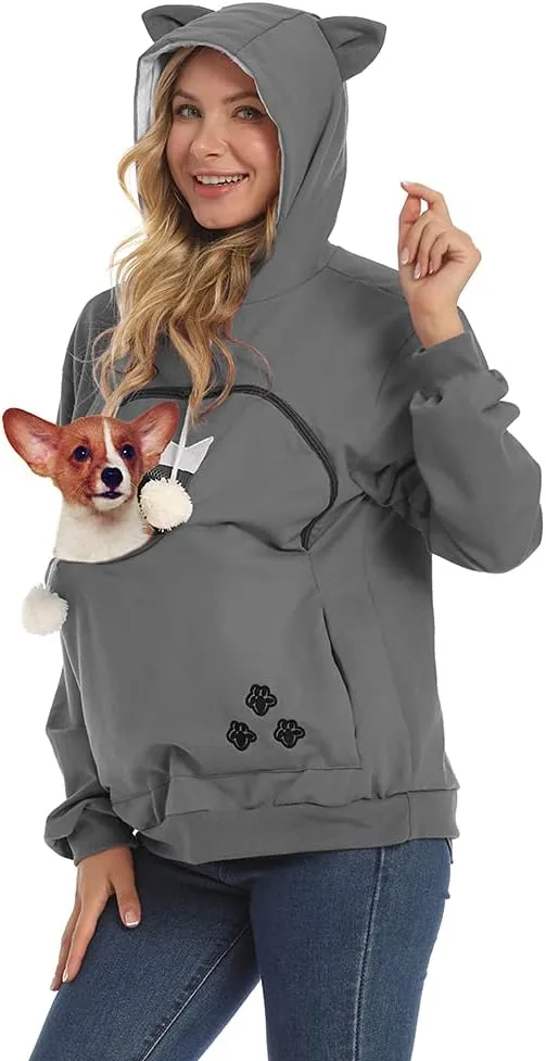 Women Pet Carrier Sweatshirt Puppy Kitten Holding Hoodies Long Sleeve Pouch Tops