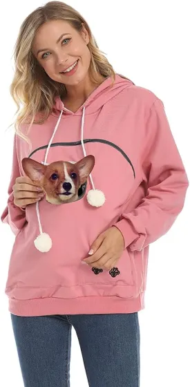 Women Pet Carrier Sweatshirt Puppy Kitten Holding Hoodies Long Sleeve Pouch Tops
