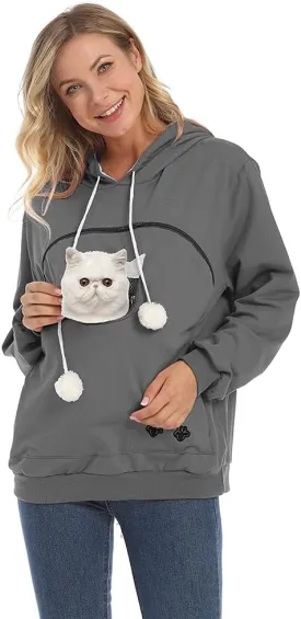 Women Pet Carrier Sweatshirt Puppy Kitten Holding Hoodies Long Sleeve Pouch Tops