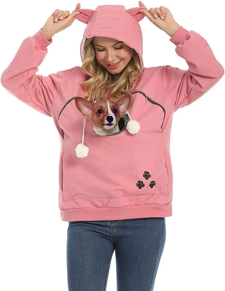 Women Pet Carrier Sweatshirt Puppy Kitten Holding Hoodies Long Sleeve Pouch Tops