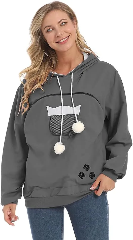 Women Pet Carrier Sweatshirt Puppy Kitten Holding Hoodies Long Sleeve Pouch Tops
