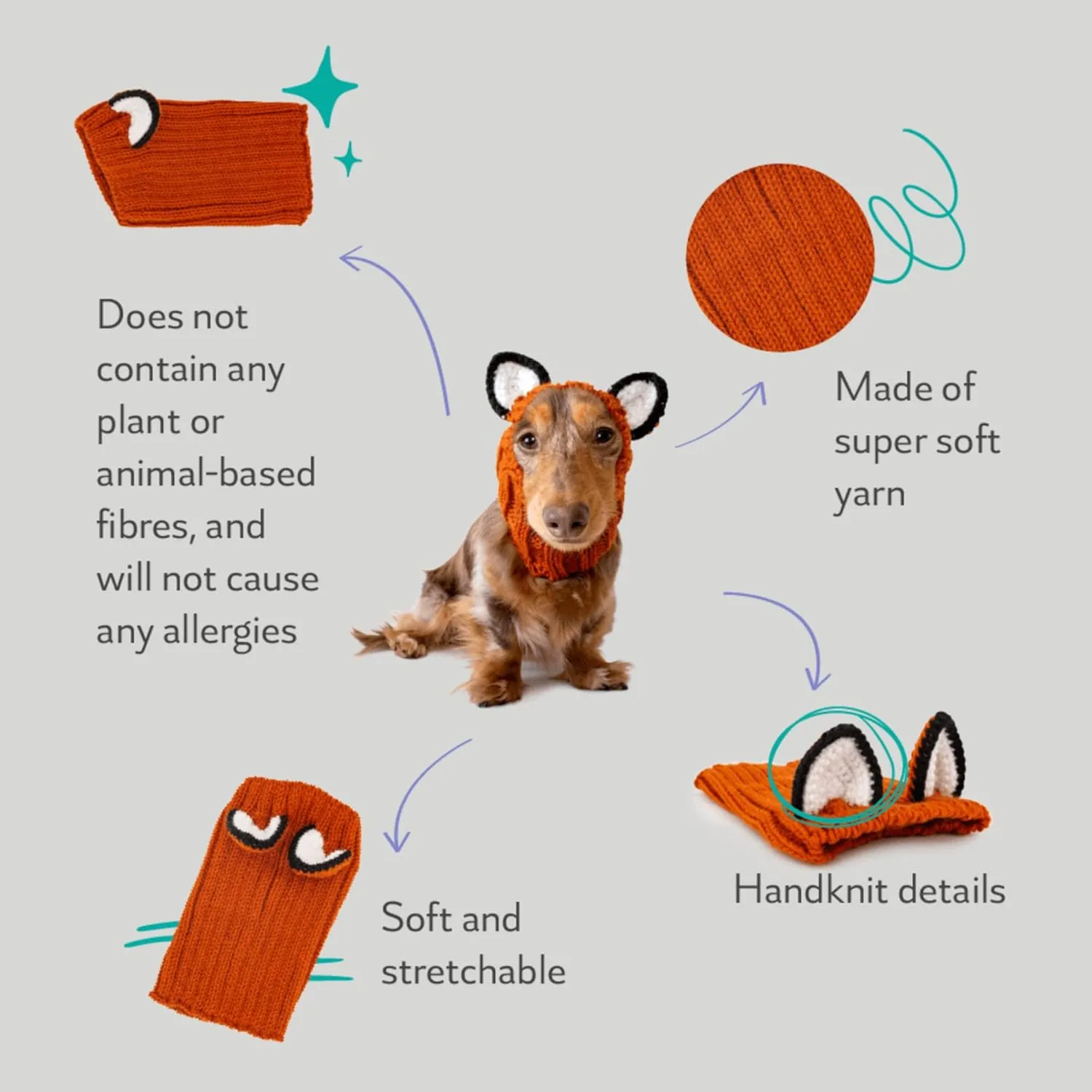 Zoo Snoods Fox Costume - Knit Dog Snood Ear Wrap for Pets, Warm Neck Cover for Halloween and Winter (Large)